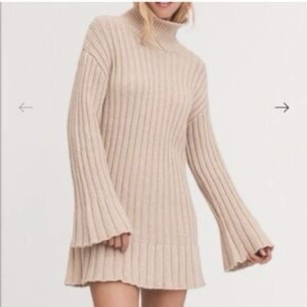 NWT Something Navy Turtleneck Sweater Dress Oatmeal Flare Sleeve Ribbed Sz S